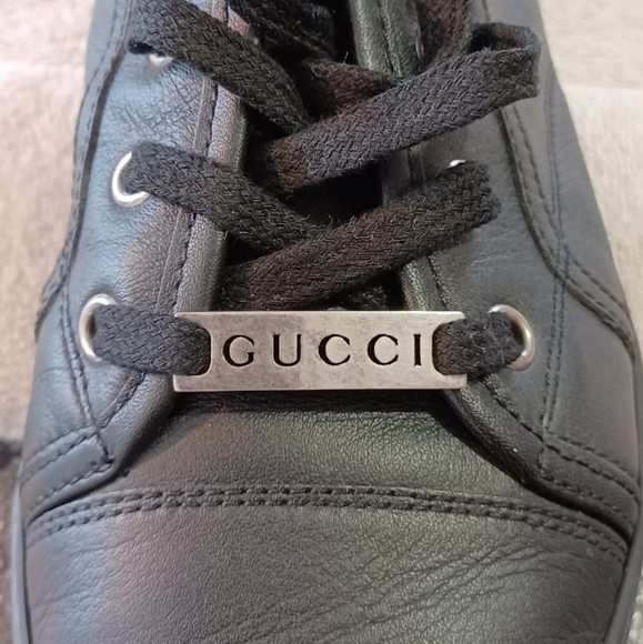 Gucci Black Leather Women's High Top Sneakers Lace Boots Silver Logo EURO 39 - Picture 5 of 8